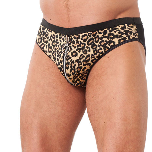 Rimba mens briefs with a wild animal print and a practical zipper fly, male underwear