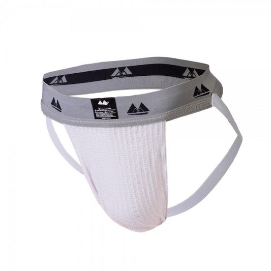 Rimba bike jockstrap in white with a two-inch waistband, for male support.