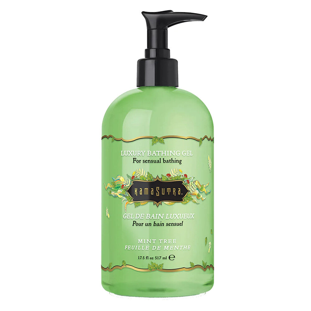 Kama Sutra mint tree bathing gel in a clear bottle, refreshing bath experience.