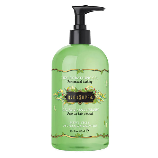 Kama Sutra mint tree bathing gel in a clear bottle, refreshing bath experience.