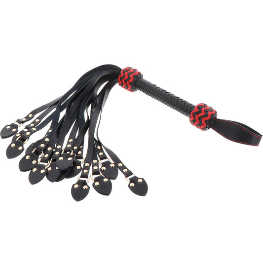 Close-up of a black leather cat o' nine tails whip from Hidden Desire, showcasing the braided handle.