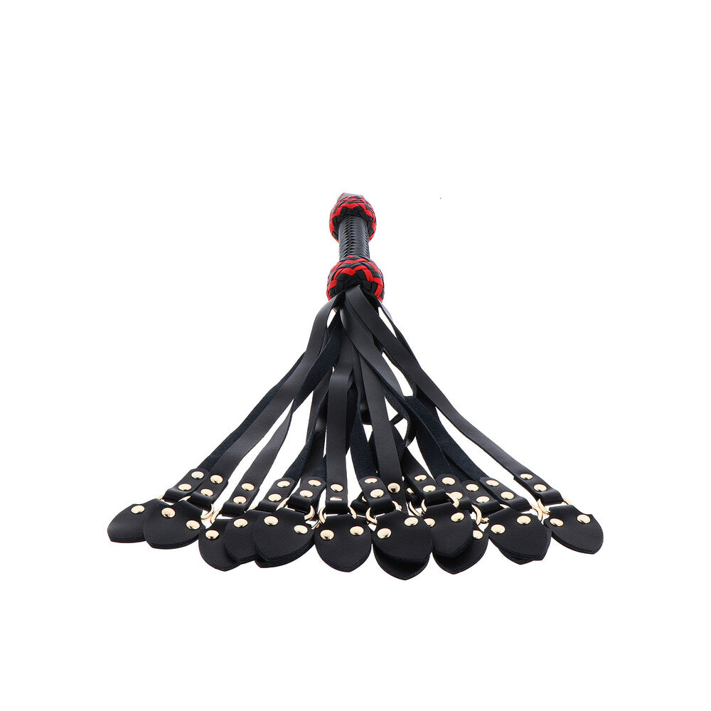 masters leather cat-o'-nine tails whip, dark brown leather, for playful discipline and impact play.