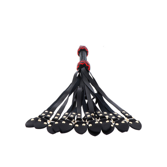 masters leather cat-o'-nine tails whip, dark brown leather, for playful discipline and impact play.