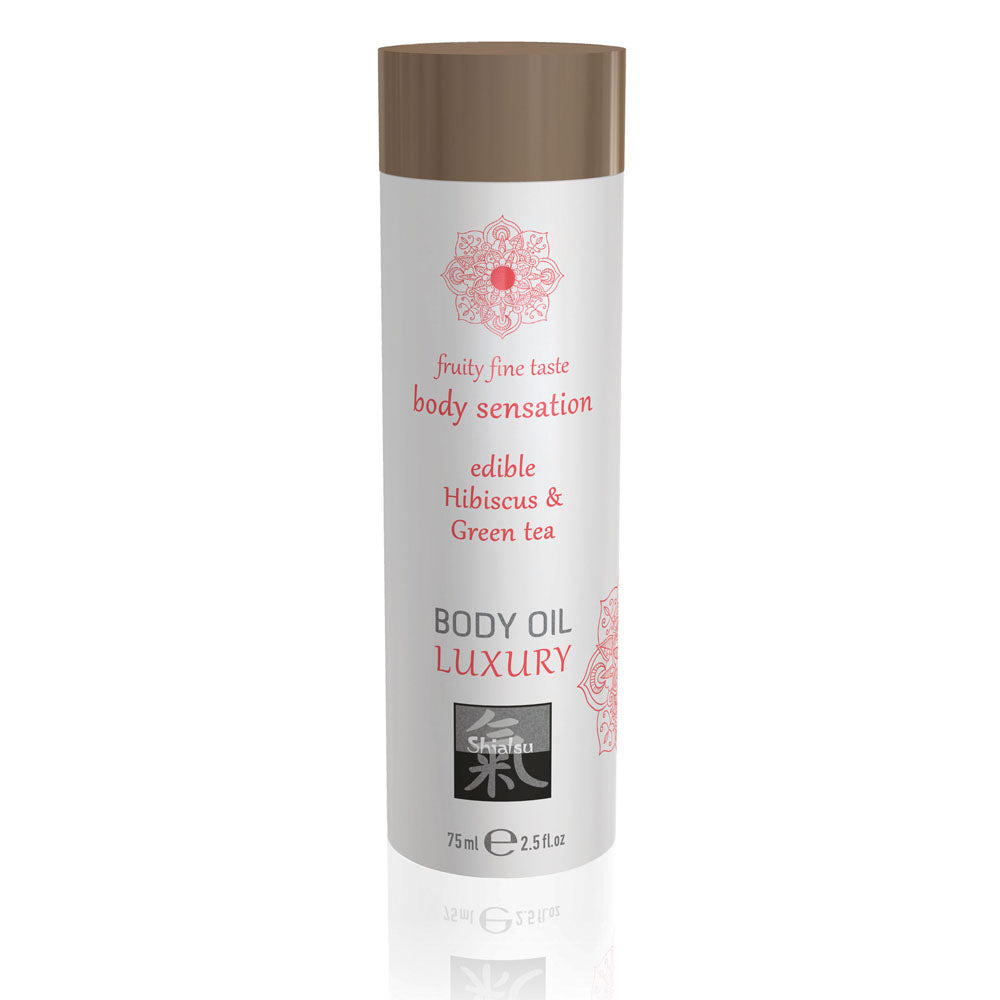 A 75ml bottle of shiatsu luxury body oil with hibiscus and green tea.