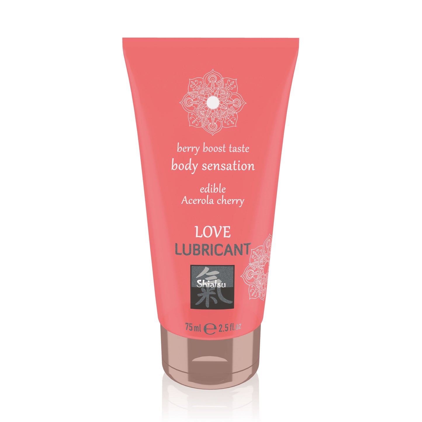 A bottle of Shiatsu Love cherry flavour edible lubricant, in a pink box.