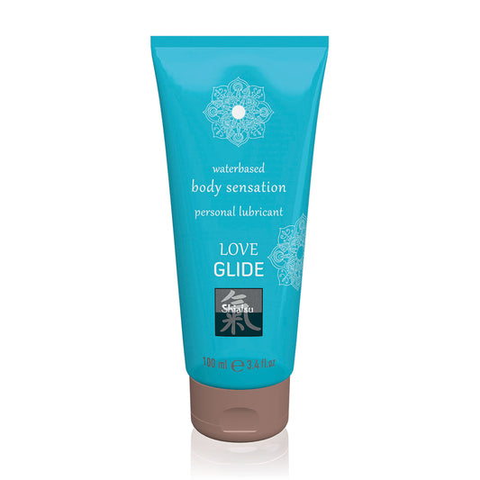 Shiatsu Love Glide lubricant in a clear bottle with a white label, water-based formula.