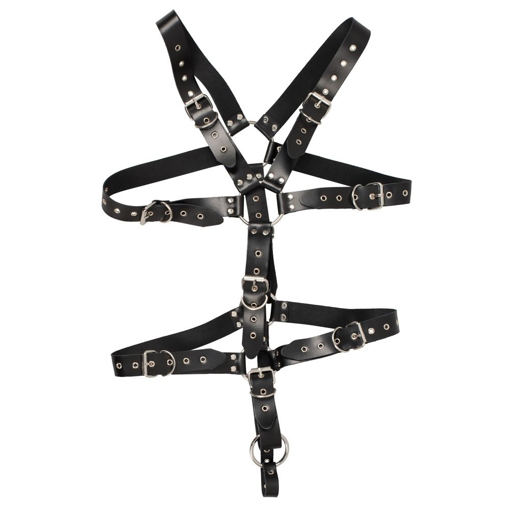 zado men's leather harness with adjustable straps and a prominent cock ring, for restraints.