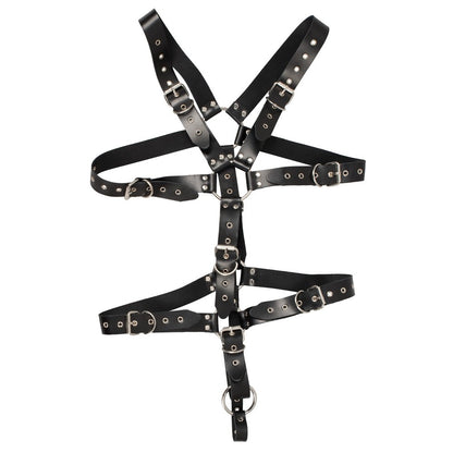 zado men's leather harness with adjustable straps and a prominent cock ring, for restraints.