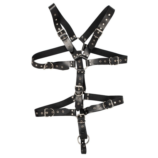 zado men's leather harness with adjustable straps and a prominent cock ring, for restraints.