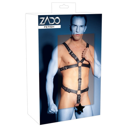 zado men's black leather adjustable harness with cock ring, a fetish restraint.