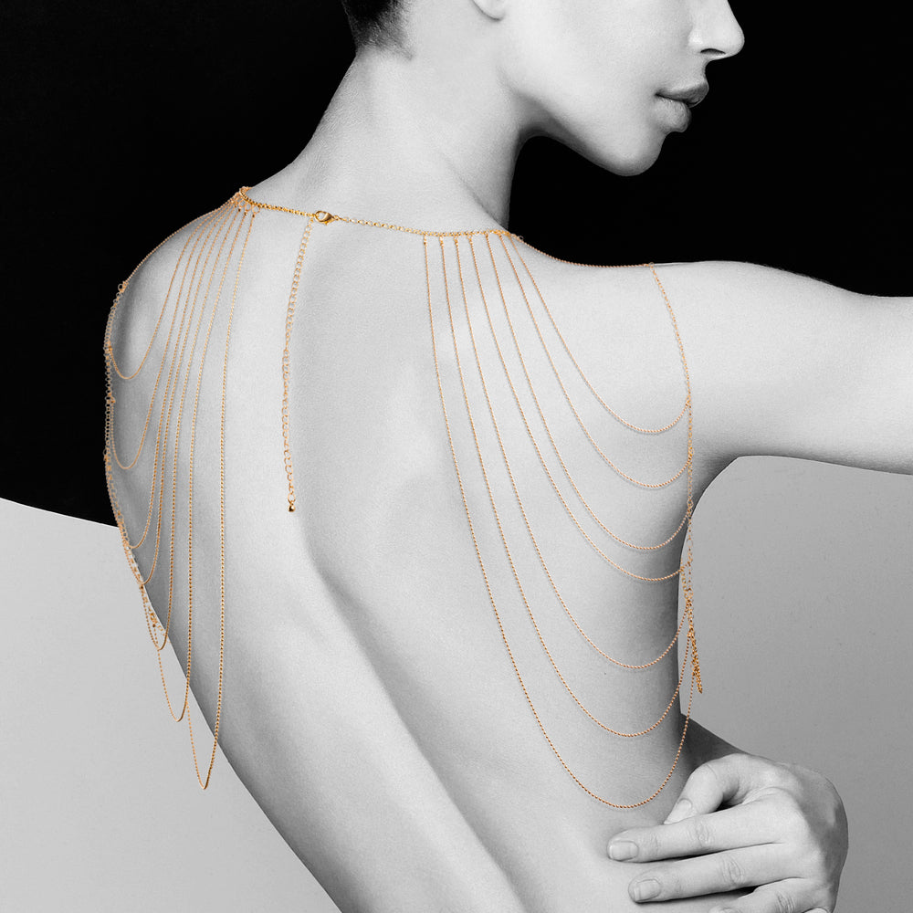 Gold Bijoux Indiscrets magnifique shoulder jewellery, a glamorous body adornment for a night out.