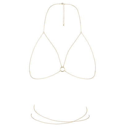 A gold-tone body chain with a bra-like design, a daring piece of body jewellery.