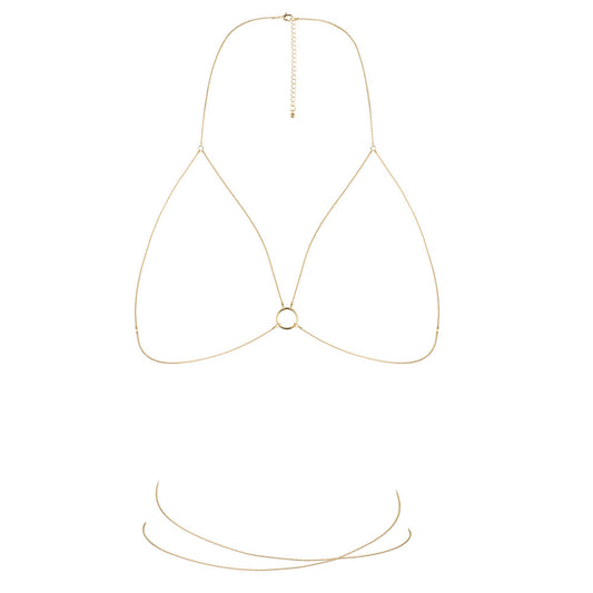A gold-tone body chain with a bra-like design, a daring piece of body jewellery.
