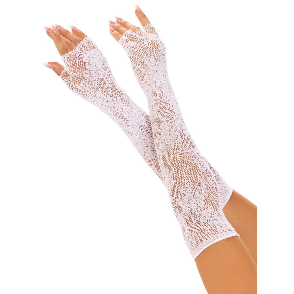 White floral net fingerless gloves, a delicate and stylish accessory from Leg Avenue Lingerie.