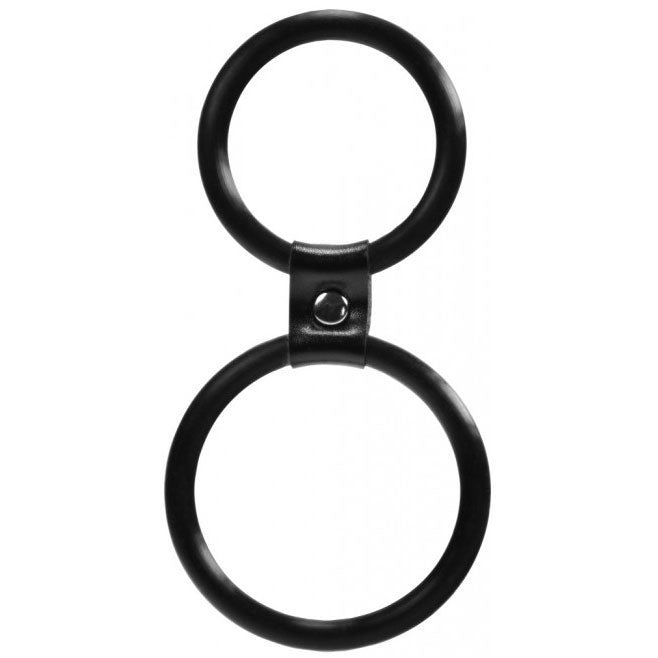 black dual rings shaft and balls ring, love ring for pleasure, close up.