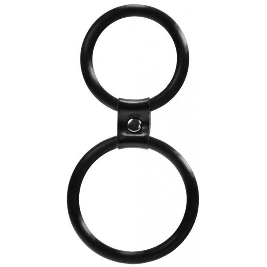 black dual rings shaft and balls ring, love ring for pleasure, close up.