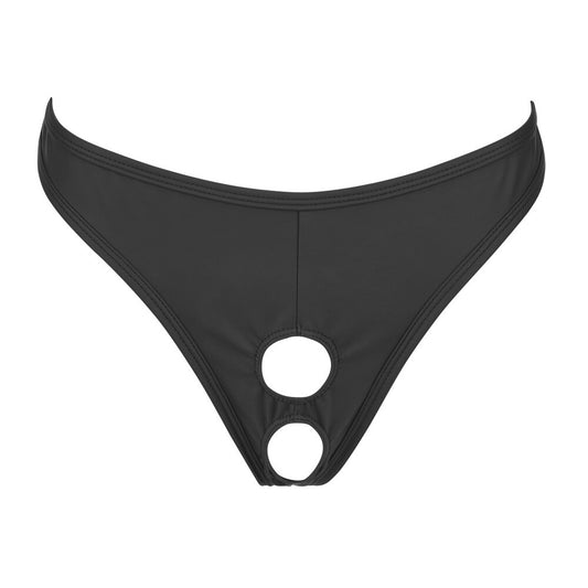 A bloke in a stylish black svenjoyment showmaster string; male underwear fashion.