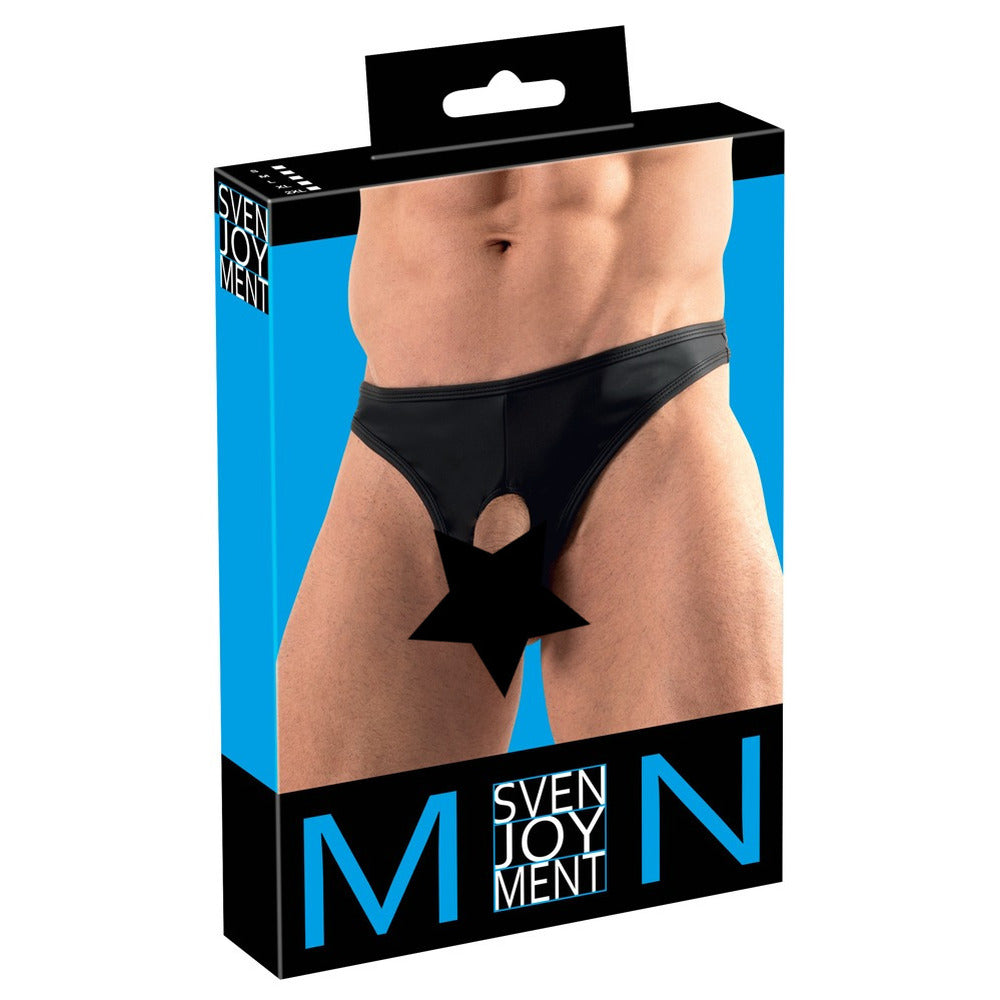 A pair of black 'showmaster string' briefs for men from svenjoyment, close up.