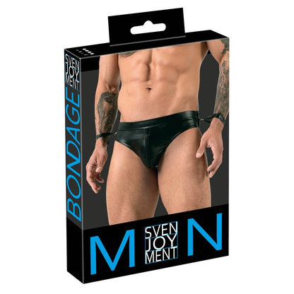 Svenjoyment jock brief in black, featuring novelty handcuff detailing; male underwear.