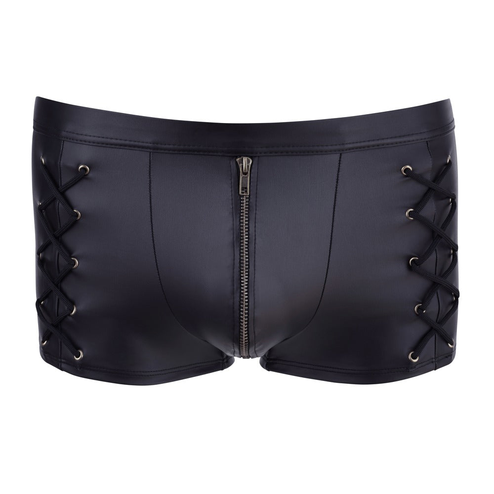 Matt black tight-fitting trousers, showcasing the sleek design of these men's stylish pants