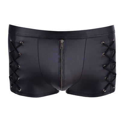 Matt black tight-fitting trousers, showcasing the sleek design of these men's stylish pants