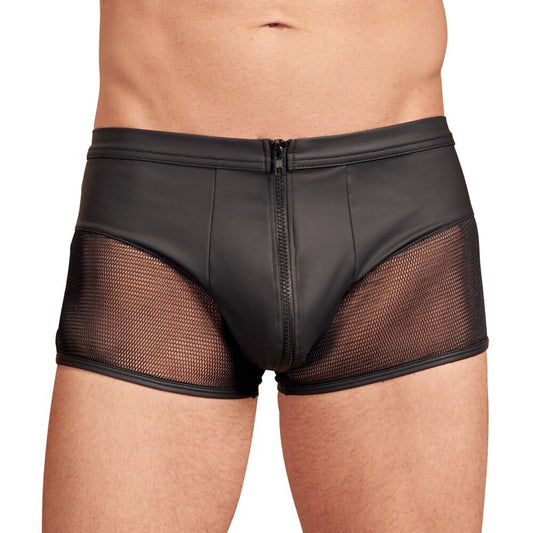 nek matte black trousers with a zip opening, ideal for a sharp, modern look.