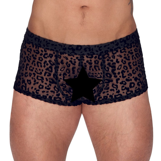 Noir sheer animal print trousers for men, showing the semi-transparent material and bold pattern.