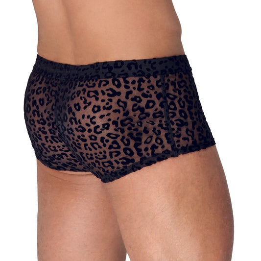 Noir sheer animal print trousers for men, showcasing the bold design and lightweight fabric.