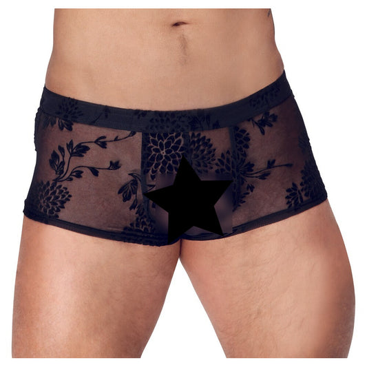 Noir sheer floral lace trousers, a striking see-through garment for the modern man.