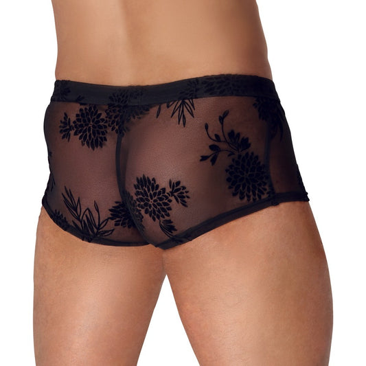 Noir sheer floral lace trousers, a stylish and slightly daring option for men.
