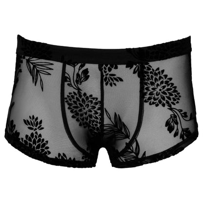 Noir sheer floral lace pants for men, showcasing a delicate and stylish design.