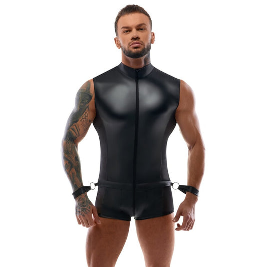 A male body jumpsuit from Svenjoyment with restraint straps, a daring and bold choice.