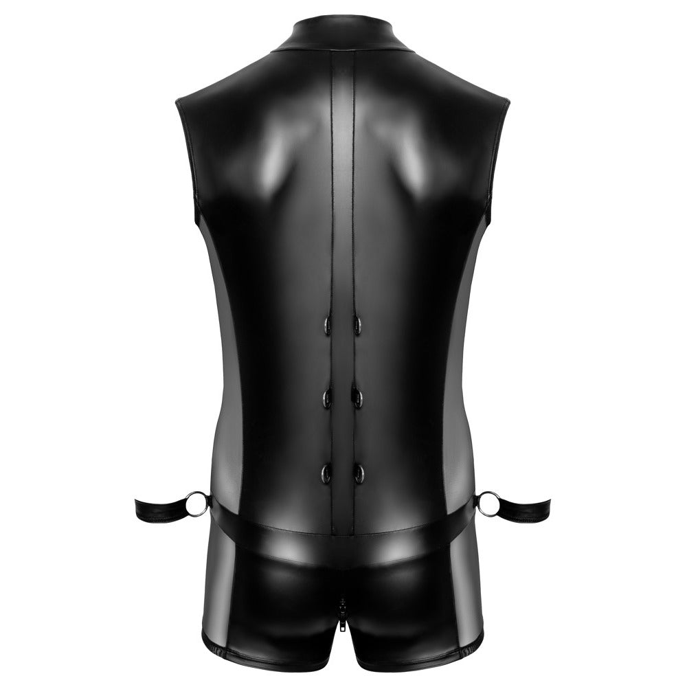 Svenjoyment's male body jumpsuit with restraints, possibly leather or a leather-like material.