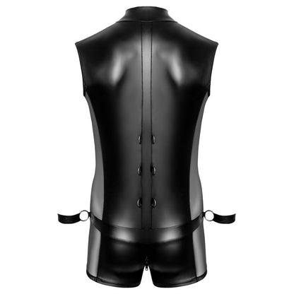Svenjoyment's male body jumpsuit with restraints, possibly leather or a leather-like material.