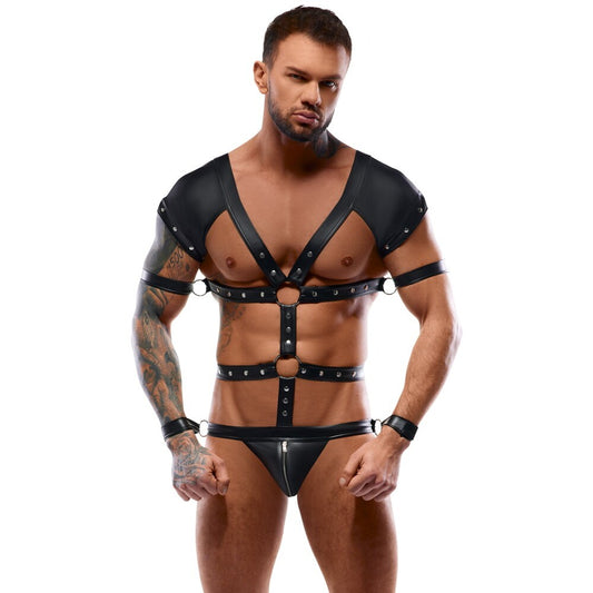 A black bondage restraint body harness designed for male use, offering adjustable fit.