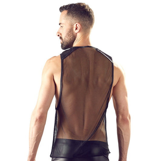 A black net shirt for men by Svenjoyment, showing its distinctive mesh design.