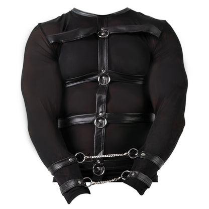 Svenjoyment long-sleeved black top featuring a harness and restraint detailing, male model.