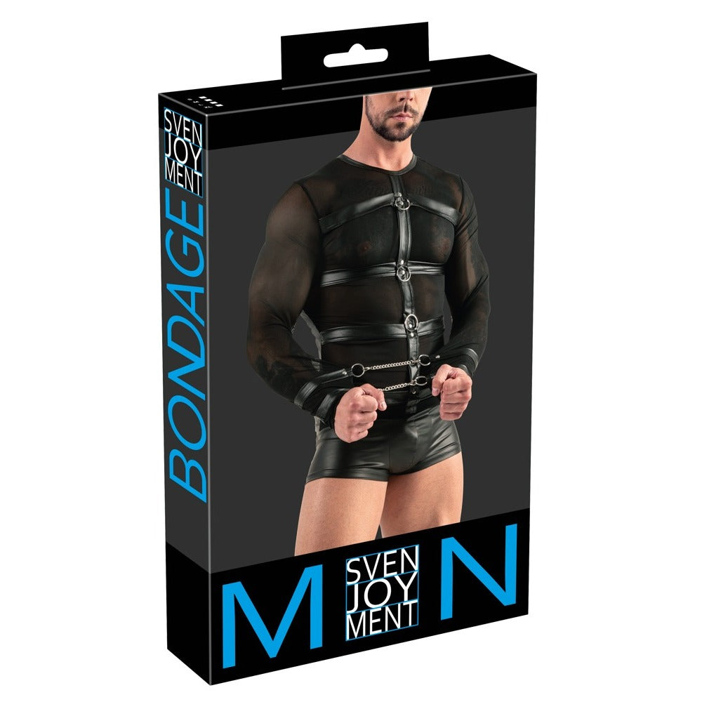 Svenjoyment long-sleeved black top featuring a harness and restraint detailing for a bold look.