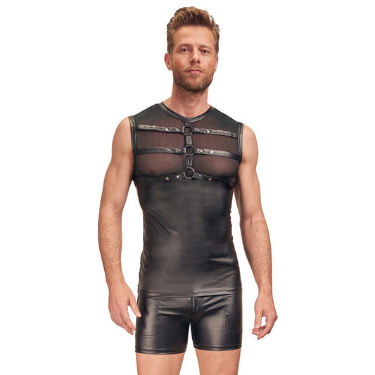 Black matte look shirt for men with a statement chest harness detail.