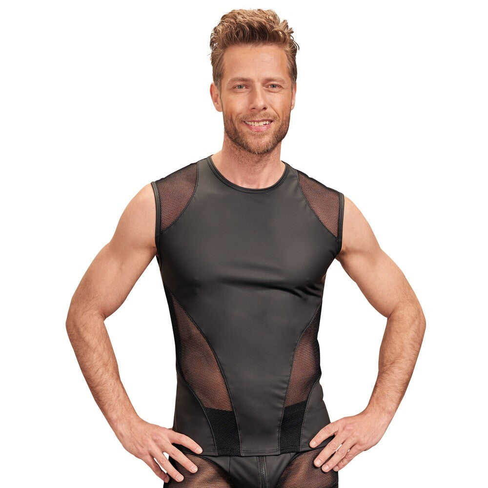 A men's black sleeveless shirt in a matte finish, ideal for casual wear.