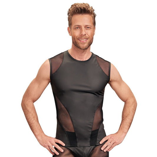 A men's black sleeveless shirt in a matte finish, ideal for casual wear.