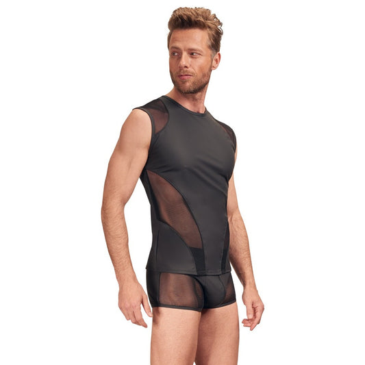 A sleek matte black sleeveless shirt for men, ideal for a stylish, casual look.