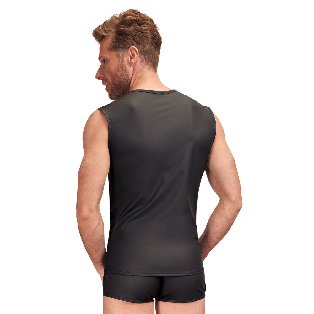 A bloke wears a matte black, sleeveless shirt; ideal for summer casual wear.