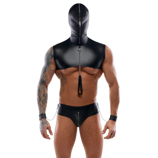 A black bondage hood, part of a restraints set from Svenjoyment, for playful nights.