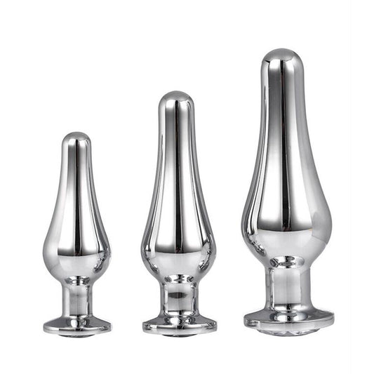 A set of three polished, silver-coloured jewelled butt plugs from Dream Toys, for anal play.