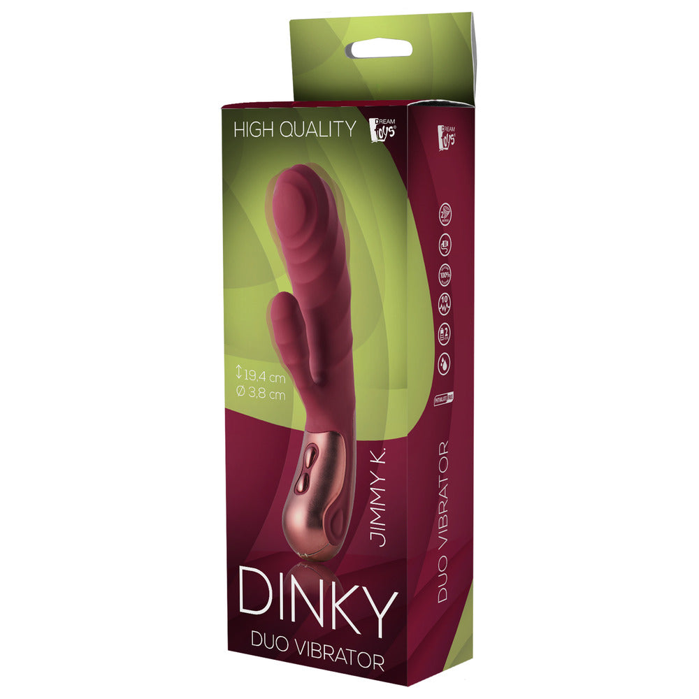 Dream Toys dinky jimmy k duo vibrator, purple silicone with clitoral stimulator for pleasure.