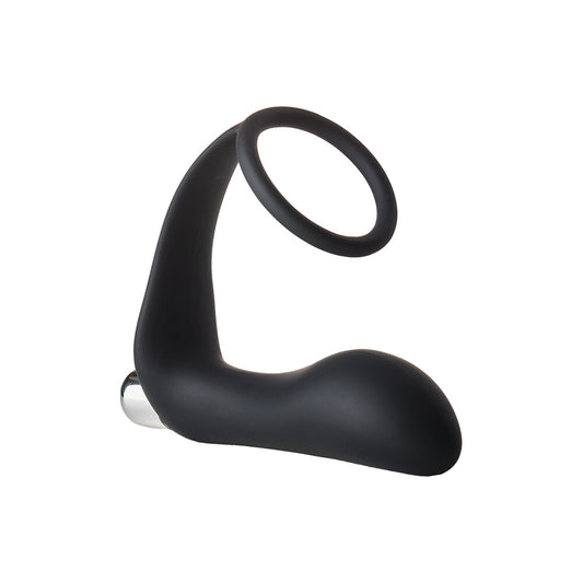 Dream Toys vibrating anal plug with cockring, made of smooth, dark grey silicone.