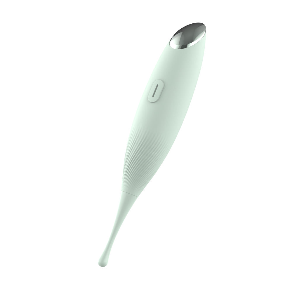 Dream Toys glam pin point stimulator, a sleek silver vibrator with textured detailing.