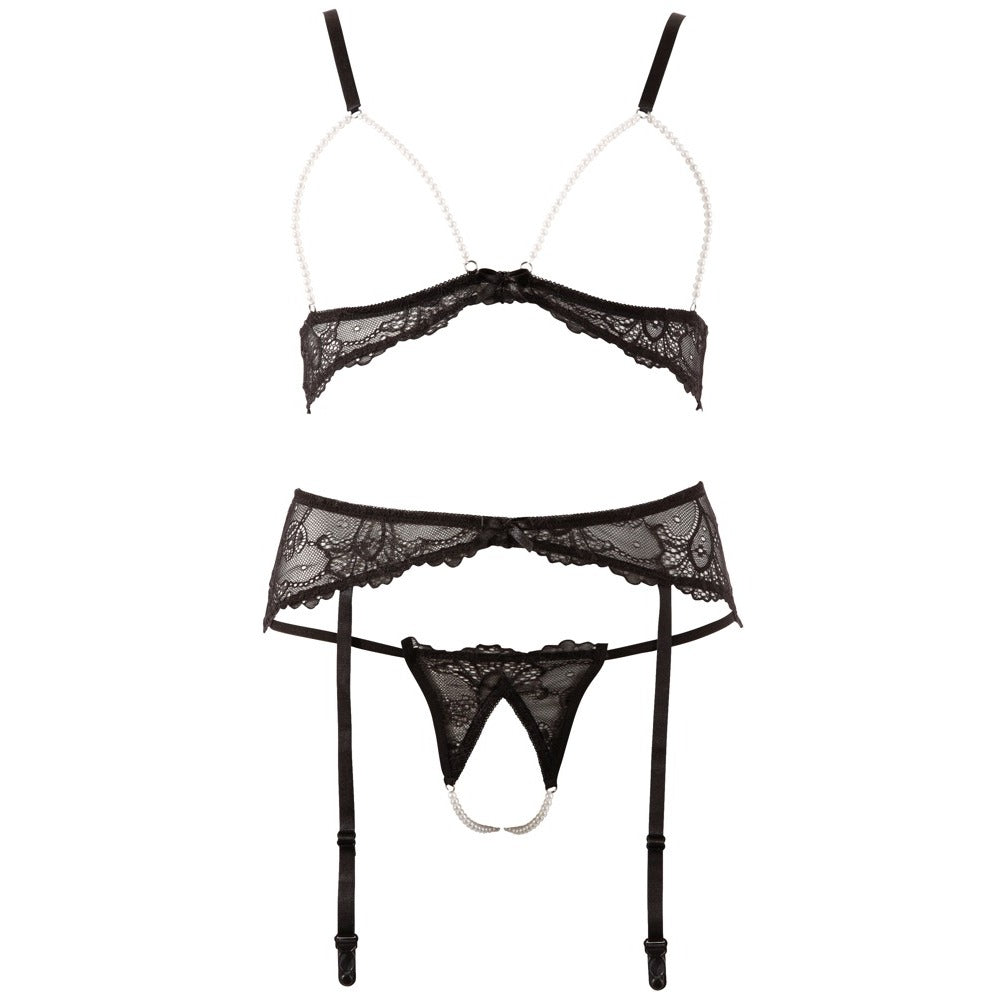 Abierta Fina pearl bra, suspender and string lingerie set, delicate and beautifully designed.