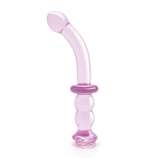 Glass rosebud dildo with g-spot stimulator, crafted from clear, glistening glaze glass